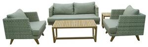 Persoon 4-dílná ratanová sedací sestava Arosa, Persoon, 2x nízké křeslo + 1x 2-místné sofa + konferenční stolek 110x60 cm, umělý ratan bílo-šedý, teak, vč.sedáků Olefin, rychleschnoucí pěna