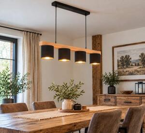 Trio Leuchten R30654002 CAMERON - Závěsný lustr nad jídelní stůl se dřevěnou lištou 4 x E14 (Moderní závěsný lustr se dřevěnou lištou a textilními stínidly v černo zlaté barvě)