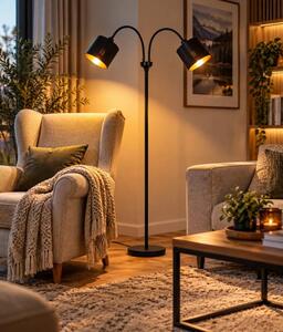 Trio Leuchten R46332079 TOMMY - Moderní dvouramenná stojací čtecí lampa s husími krky 2 x E14, 130cm výška / černo zlatá (Stojací lampa vhodná ke čtení)