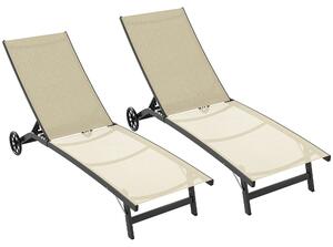 Outsunny Sada 2 skládacích lehátek z hliníku a textileny s kolečky, vícestupňový opěrák, max. zatížení 150 kg khaki | Aosom