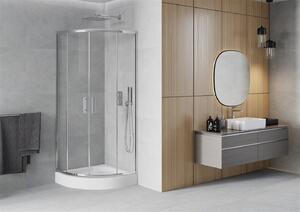 Mexen Rio, čtvrtkruhový sprchový kout s posuvnými dveřmi 70 x 70 cm, 5mm čiré sklo, chromový profil + bílá vysoká sprchová vanička Rio, 863-070-070-01-00-4710
