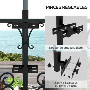 Držák slunečníku Outsunny na balkon s nastavitelnými svorkami pro zábradlí, podporuje slunečníky s průměrem 48 mm a 38 mm, 21x14x58 cm, černý kov | Ao