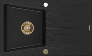 Mexen Cesar, granitový dřez 775x470x190 mm, 1-komorový, černá se zlatým sifonem, 6514771010-77-G