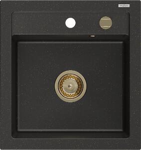 Mexen Vito, granitový dřez 520x490x210 mm, 1-komorový, černá-zlatá metalíza se zlatým sifonem, 6503521000-75-G