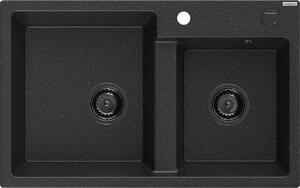 Mexen Tomas, granitový dřez 800x500x190 mm, 2-komorový, černá-stříbrná metalíza s černým sifonem, 6516802000-73-B