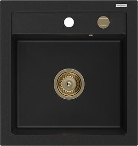 Mexen Vito, granitový dřez 520x490x210 mm, 1-komorový, černá se zlatým sifonem, 6503521000-77-G