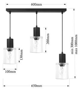 Light for home - Závěsné svítidlo černá lišta a čiré skleněné válcové stínidla 60603 "Roberto", 3x60W, E27, Černá