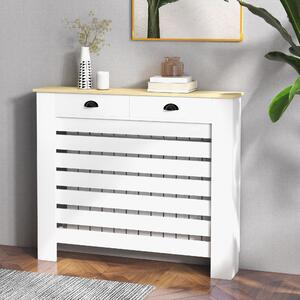 HOMCOM Kryt radiátoru, Stěna radiátoru, Horizontální lamelový rošt, se 2 zásuvkami, pro obývací pokoj, ložnici, chodbu, dřevo, 111 x 19 x 95,5 cm, Bíl