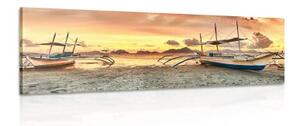 Obraz loďky při západu slunce - 150x50 cm