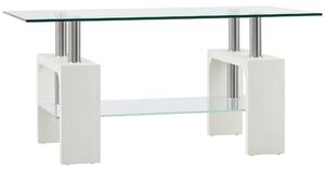 HOMCOM 2-úrovňový konferenční stolek, moderní stolek do obývacího pokoje se skleněnou deskou a dřevěnou a ocelovou konstrukcí, 90x50x42cm, bílý | Aoso
