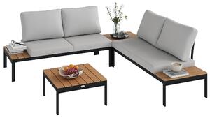 Outsunny 4-dílný zahradní lounge set, 2 2-místné venkovní lavice a 2 čtvercové stoly v dřevě a s vyjímatelnými polštáři, nábytek z kovu a kompozitního