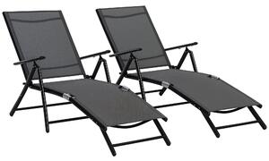 Set 2 skládacích zahradních lehátek Outsunny s 7-mi polohovým nastavitelným opěradlem, hliníkové lehátko na pláž s prodyšnou síťovinou, černé | Aosom