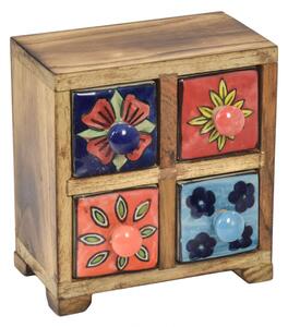 Dřevěná skříňka s 4 keramickými šuplíky, ručně malovaná, 15x11x16cm (3C)