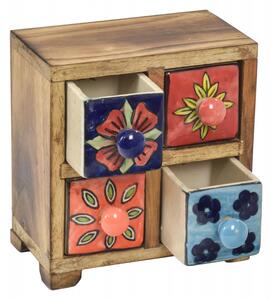 Dřevěná skříňka s 4 keramickými šuplíky, ručně malovaná, 15x11x16cm (3C)