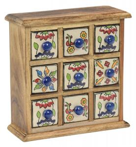 Dřevěná skříňka s 9 keramickými šuplíky, ručně malovaná, 24x11x24cm (5A)