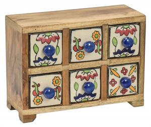 Dřevěná skříňka s 6 keramickými šuplíky, ručně malovaná, 22x11x11cm (4C)