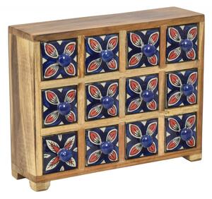 Dřevěná skříňka s 12 keramickými šuplíky, ručně malovaná, 29x11x24cm (6A)