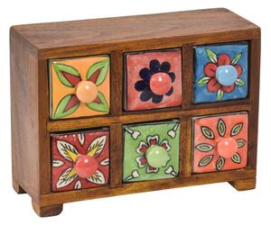 Dřevěná skříňka s 6 keramickými šuplíky, ručně malovaná, 22x11x11cm (4D)