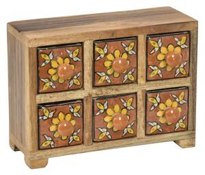 Dřevěná skříňka s 6 keramickými šuplíky, ručně malovaná, 22x11x11cm (4E)