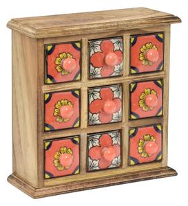 Dřevěná skříňka s 9 keramickými šuplíky, ručně malovaná, 24x11x24cm (5B)