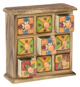 Dřevěná skříňka s 9 keramickými šuplíky, ručně malovaná, 24x11x24cm (5E)