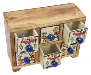Dřevěná skříňka s 6 keramickými šuplíky, ručně malovaná, 22x11x11cm