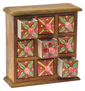 Dřevěná skříňka s 9 keramickými šuplíky, ručně malovaná, 24x11x24cm (5G)