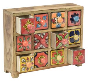 Dřevěná skříňka s 12 keramickými šuplíky, ručně malovaná, 29x11x24cm (6B)