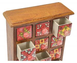 Dřevěná skříňka s 12 keramickými šuplíky, ručně malovaná, 24x11x31cm (7A)