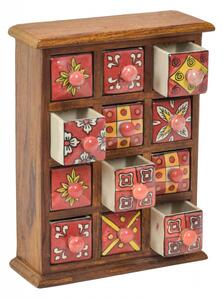 Dřevěná skříňka s 12 keramickými šuplíky, ručně malovaná, 24x11x31cm (7A)