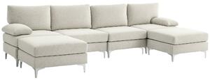 HOMCOM 4-místná modulární pohovka se 2 taburety a polštáři na opěradla a ruce, chaise sofa v žinylkovém materiálu, 313x149x88 cm, krémová bílá | Aosom