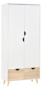HOMCOM Dvoudveřová skříň s 1 policí, 1 věšákem, 2 zásuvkami s vyřezávanými úchyty, bílá 80x40x180cm | Aosom