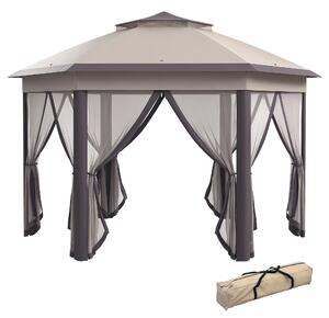 Outsunny Pavilon 4x4m Voděodolný Skládací Pavilon v Hexagonálním Designu, Dvojitá Střecha, Zahradní Pavilon se 6 Bočními Panely, Party Stan včetně Pře