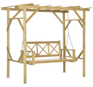 Outsunny Hollywoodská houpačka s pergolou, 2-místná zahradní houpačka, odolná bench pro zahradu, balkon, masivní dřevo, přírodní, 221 x 140 x 196 cm |