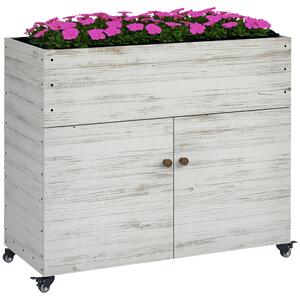 Dřevěný vyvýšený záhon Outsunny s ukládacím prostorem a kolečky, květinový box s fleecem pro zahradu a balkón, 110 x 50 x 95 cm, Bílý | Aosom