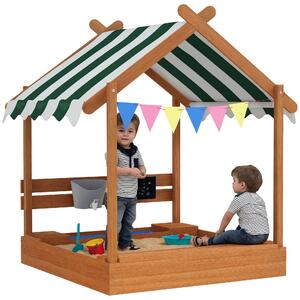 Pískoviště Outsunny s Krytem, Dřevěné Pískoviště s Sedací Zónou, Hrací Domeček, 124 x 116 x 146 cm Pískoviště s Tabulí pro Děti ve Věku 3-7 Let, Zahra