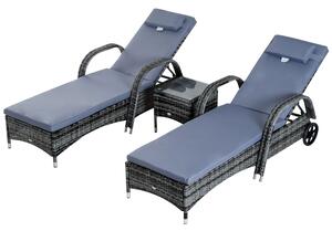 Outsunny Zahradní Lehátka s Bočním Stolkem - 3-dílná Sada Zahradního Nábytku, Polyrattan+Metal Šedý | Aosom