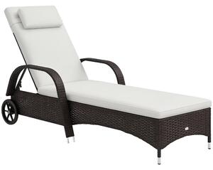 Outsunny Zahradní Lehátko z Polyrattanu s 5stupňově Nastavitelným Opěradlem, Polstrem, Kolíčky, Vankúšom, Nosnost 160kg, 200x73x30-103cm, Kávově hnědá