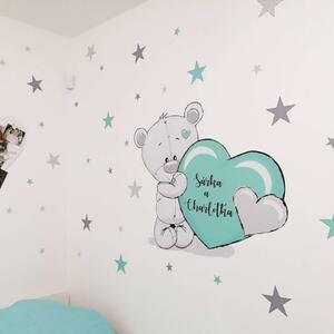 INSPIO-textilní přelepitelná samolepka - Samolepka na zdi - Tyrkysově-šedý medvídek s hvězdami a jménem
