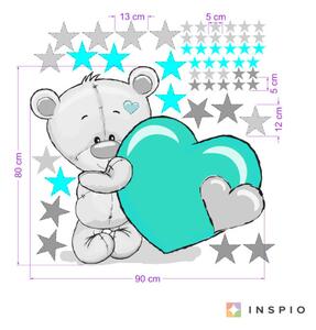 INSPIO-textilní přelepitelná samolepka - Samolepka na zdi - Tyrkysově-šedý medvídek s hvězdami a jménem