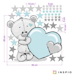 INSPIO-textilní přelepitelná samolepka - Samolepka na zeď - Plyšový medvídek v mentolové barvě s hvězdami a jménem