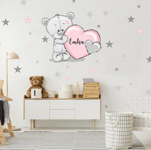 INSPIO-textilní přelepitelná samolepka - Samolepka na zeď - Medvídek v pudrových barvách s hvězdami a jménem