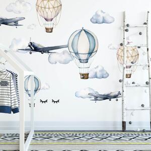 INSPIO-textilní přelepitelná samolepka - Samolepky na zeď - Akvarelová letadla a balóny do dětského pokoje
