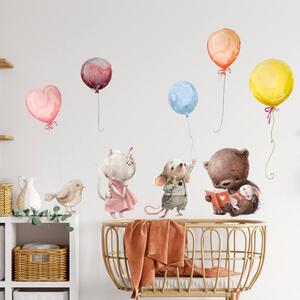 INSPIO-textilní přelepitelná samolepka - Samolepky na zeď - Zvířátka s balóny v pastelových barvách