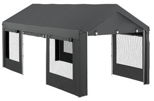 Outsunny Carport, přibližně 6 x 3 m party stan, nastavitelná výška garáže pro auto, přístřešek s 4 síťovanými okny a 4 dveřmi, pro auto a dodávku, oce