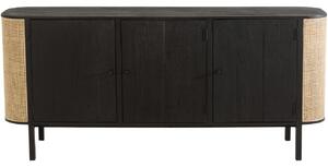 Černá dřevěná komoda J-line Meldo 180 x 45,5 cm s ratanovým výpletem