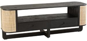 Černý dřevěný TV stolek J-line Meldo 140 x 40,5 cm s ratanovým výpletem
