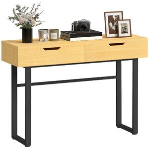 HOMCOM Úzký konzolový stolek se 2 zásuvkami, průmyslový kovový rám, přírodní – 110 × 35 × 76,5 cm | Aosom
