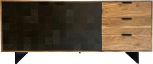 WOHNLING Komoda 175 x 76 x 40 cm z masivního akáciového dřeva s kamenným vzhledem Vysoká moderní komoda se 2 dvířky a 3 zásuvkami