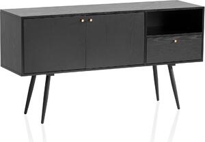 Komoda 140x75x40 cm černá s dubovým dekorem nadčasová, vysoká komoda, stojací skříň obývací pokoj se 2 dvířky a zásuvkou, komoda s otevřenou přihrádkou | Wohnling